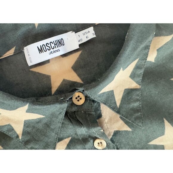 MOSCHINO Jeans Army Green Tan Star Full Button Top Blouse Size Small - Picture 6 of 8